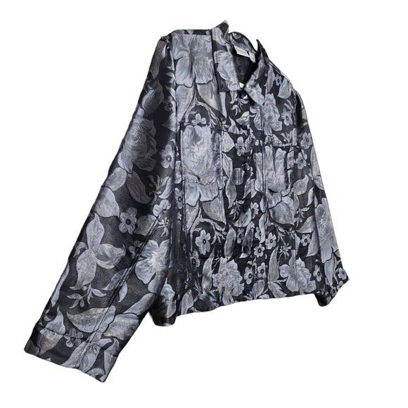 Chico's Metallic Floral Silk Blend Blazer Jacket Black Silver Women's Size Large - Picture 2 of 10